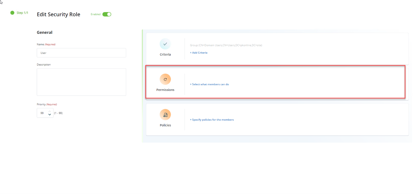 Permissions tab in Role Properties in Directory Manager Admin Portal