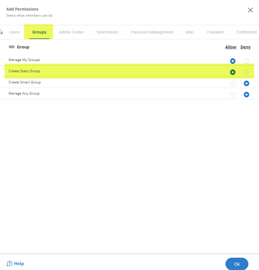 Additional create permissions for object types in Directory Manager User portal