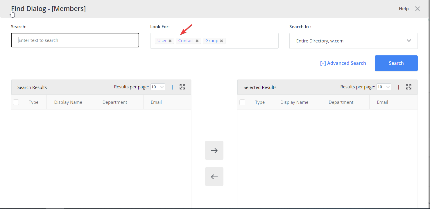 Find dialog box showing all object types: Users, Contacts, and Groups