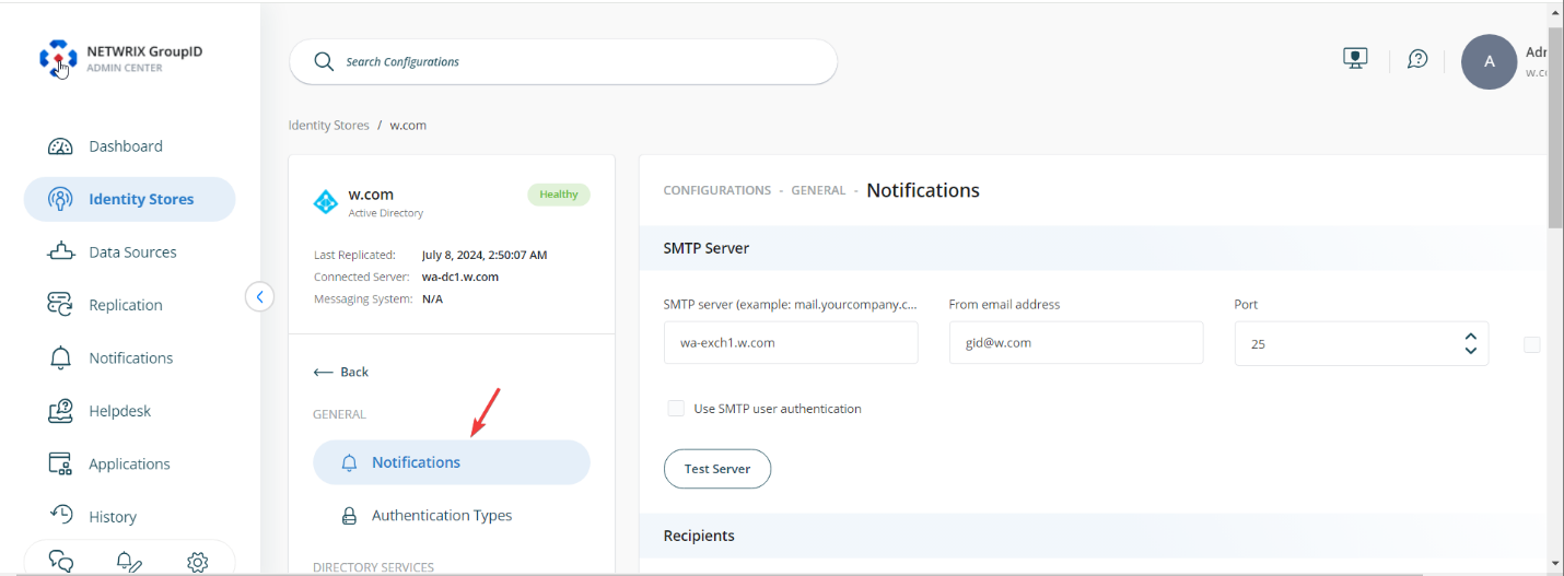 Notifications button in Directory Manager Admin Center