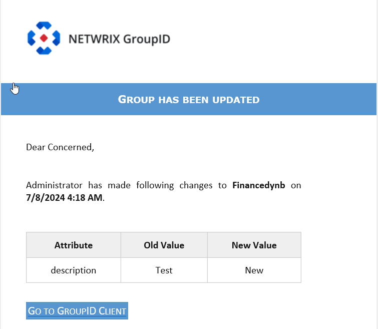 Sample email notification sent to user after making changes in Directory Manager user portal