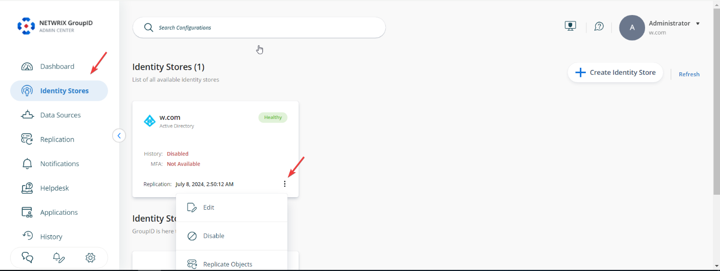 Identity Stores list with edit option highlighted in Directory Manager Admin Center
