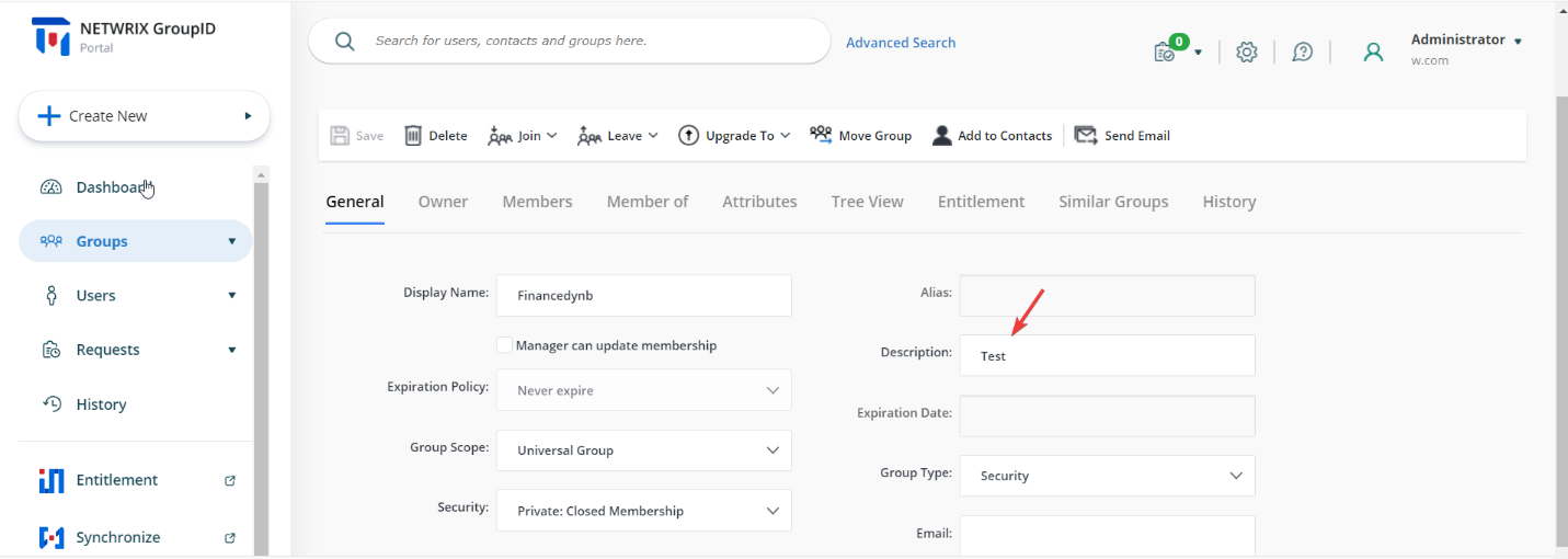 User editing the Description field of a group in Directory Manager user portal