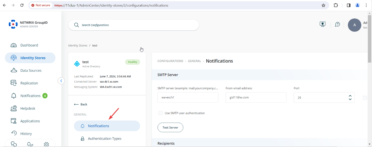 Notifications button in Directory Manager Admin Center