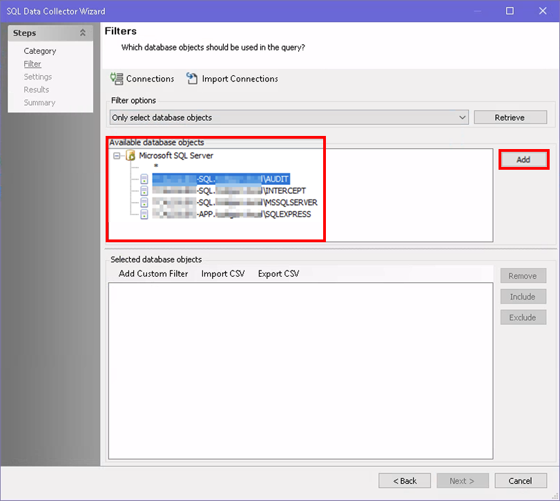 Available database objects pane with Add highlighted