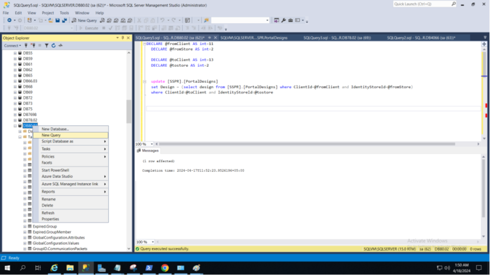 SQL Server Management Studio new query window with database selected