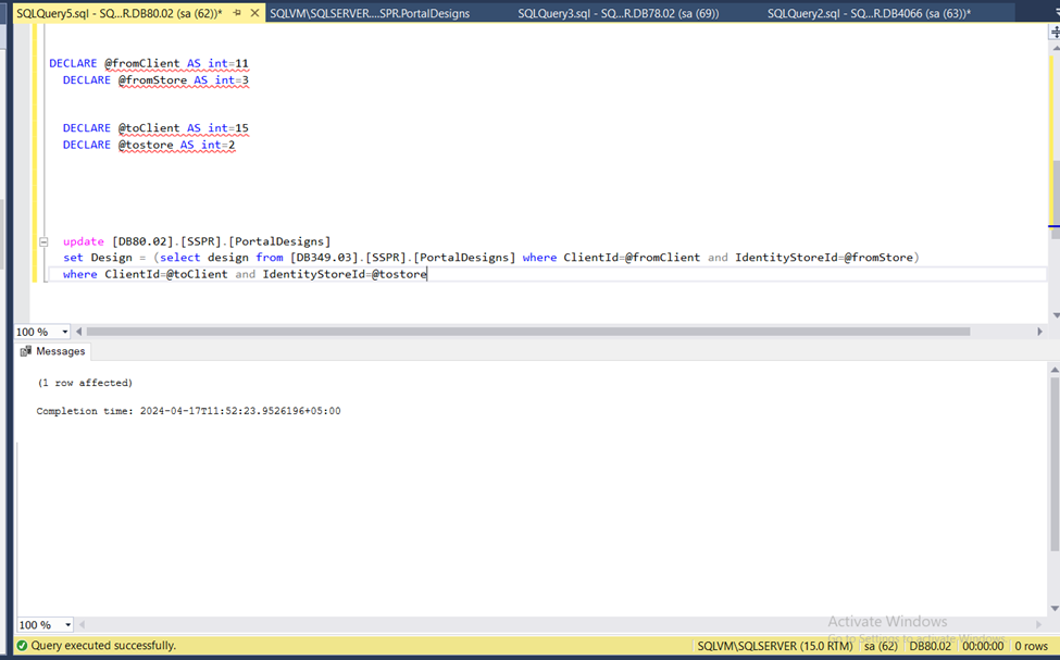 Screenshot of executed SQL query for different databases