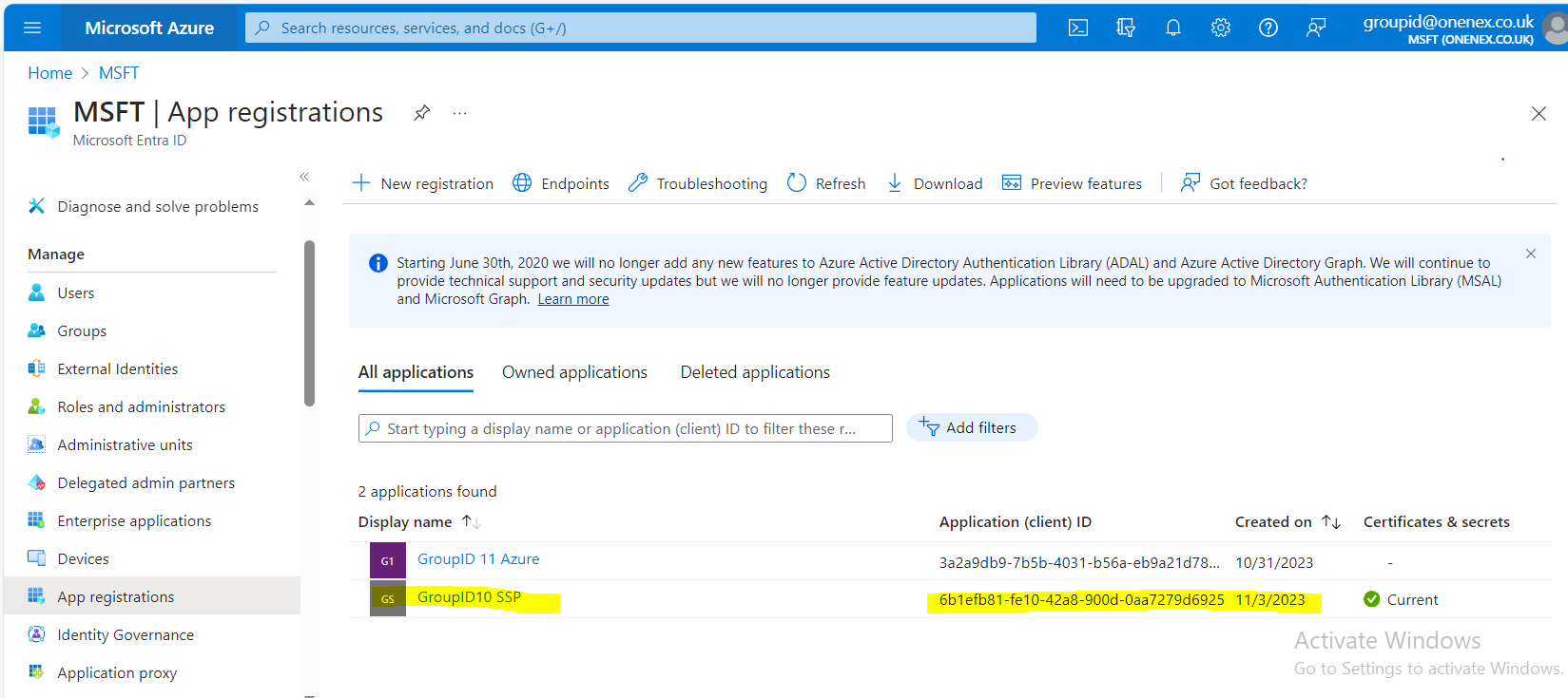 App Registration screen showing all applications