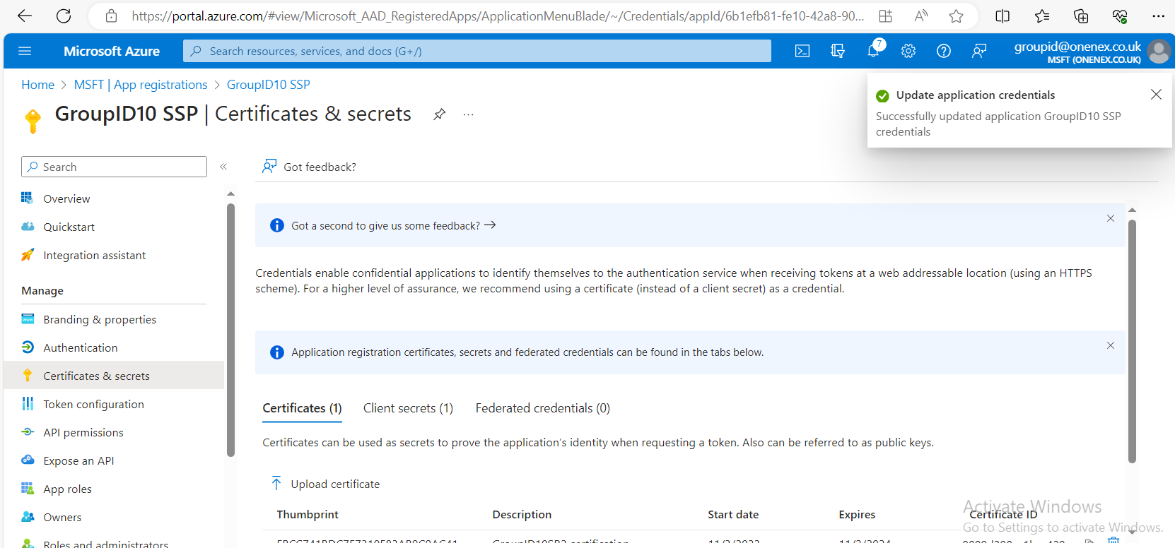 Upload certificate screen