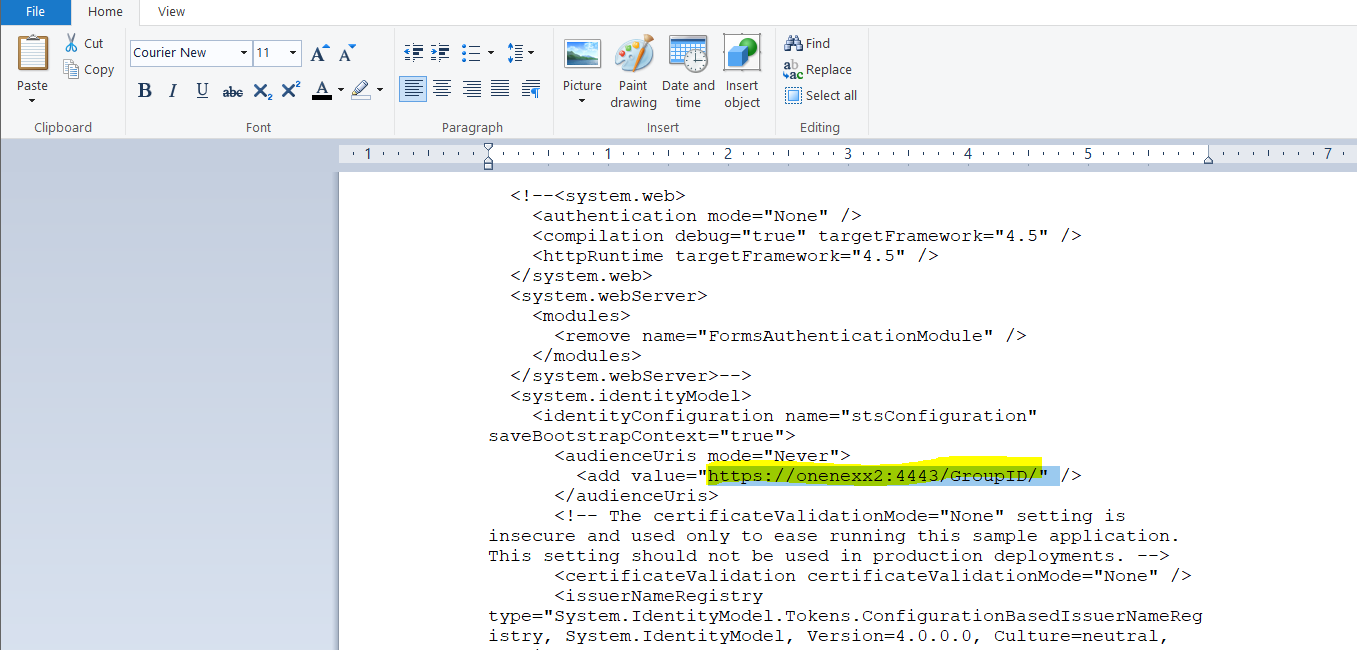 web.config file showing updated external URL