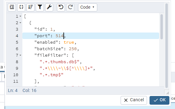 pgAdmin JSON editor showing the FS port value changed to 514