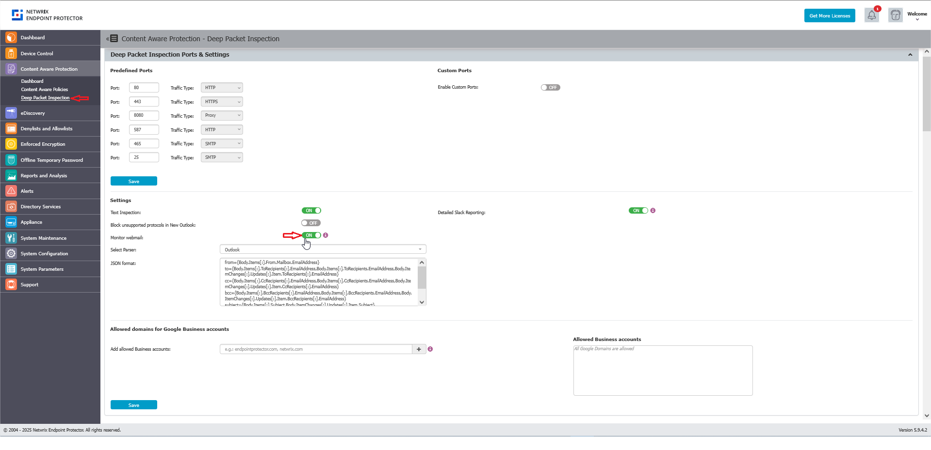 Deep Packet Inspection settings page with Monitor webmail option highlighted