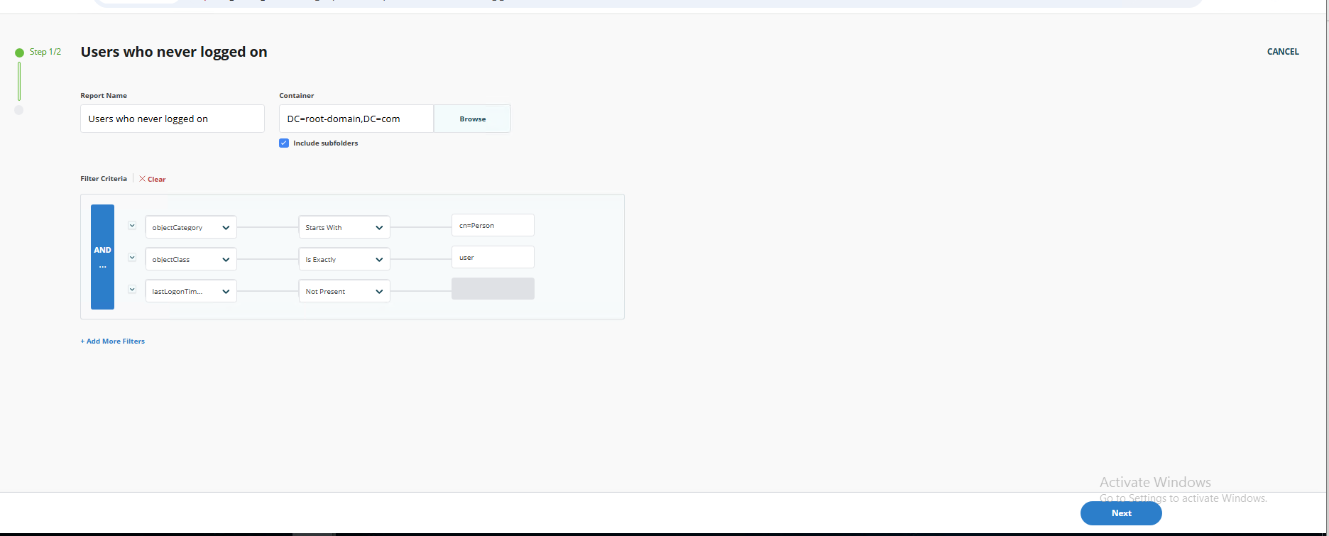 Create Report configuration page