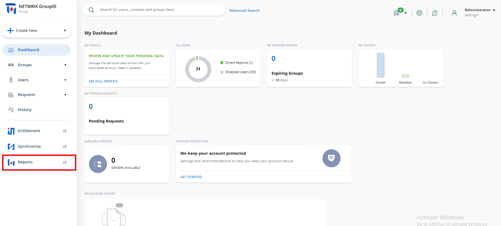 Reports section in the Application Portal