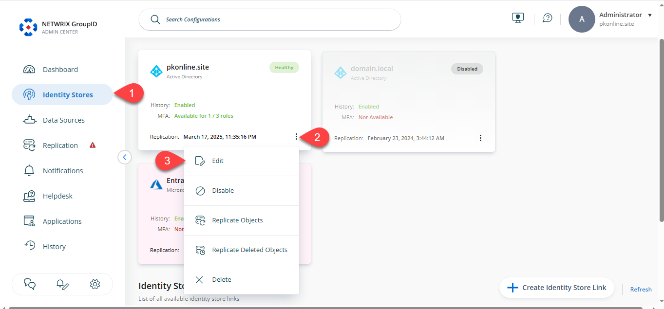Three-dot icon and Edit option for identity store