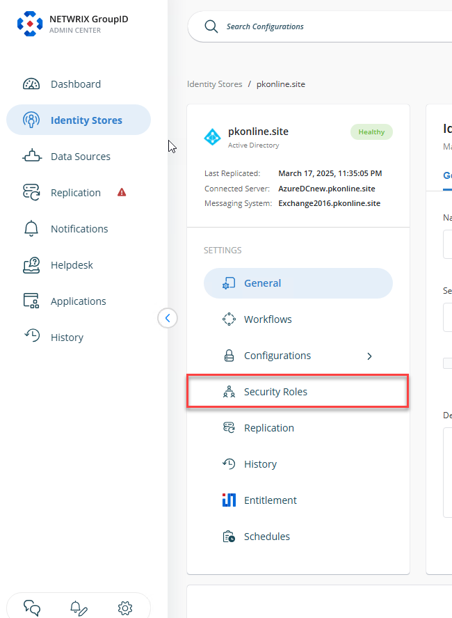 Security Roles option in identity store settings