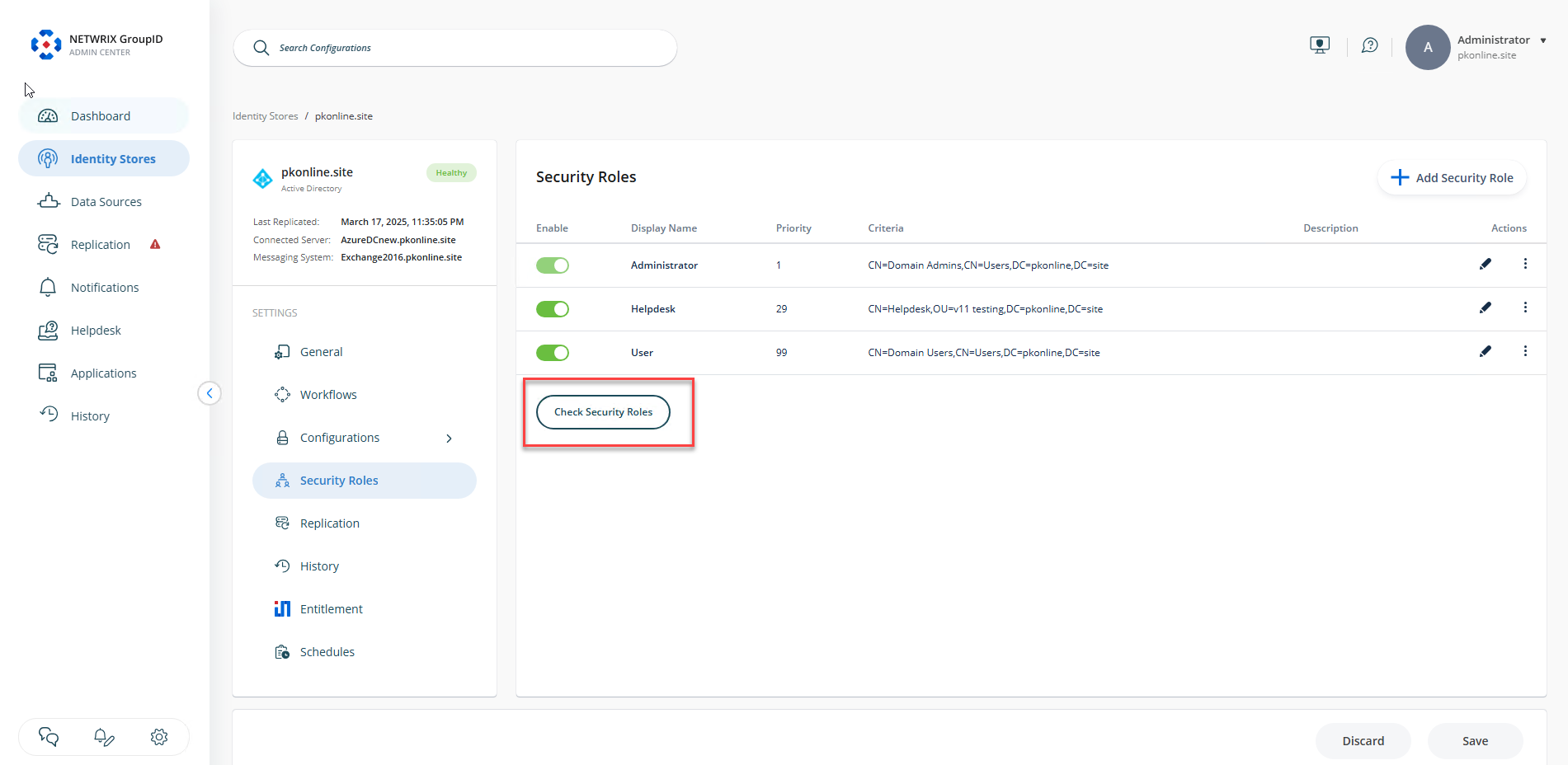 Check Security Roles button in Security Roles section