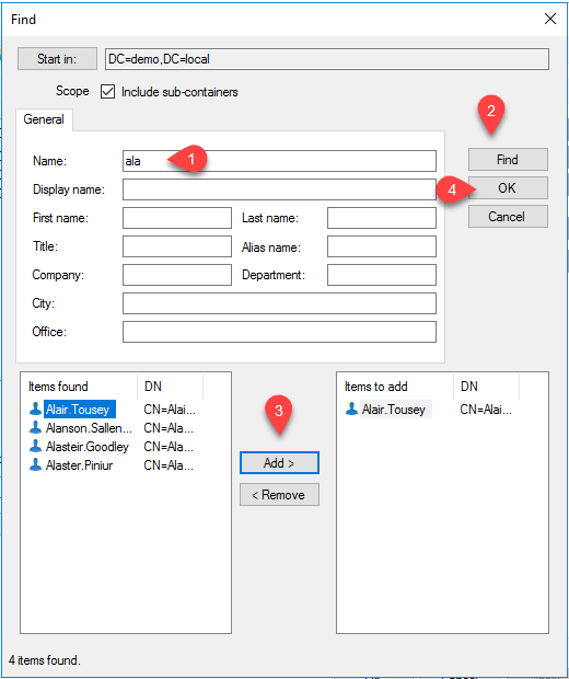 Find dialog box for selecting a user