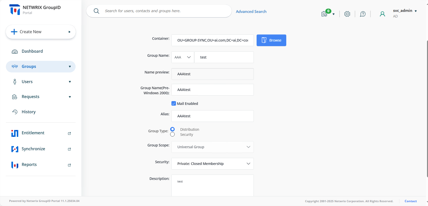 Create Group wizard with Group Type set to Distribution