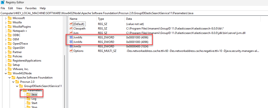 Registry Editor showing Xms and Xmx heap size parameters for Elasticsearch
