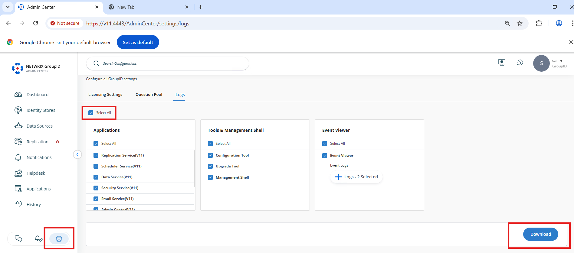 Logs Download screen in Directory Manager Admin Center