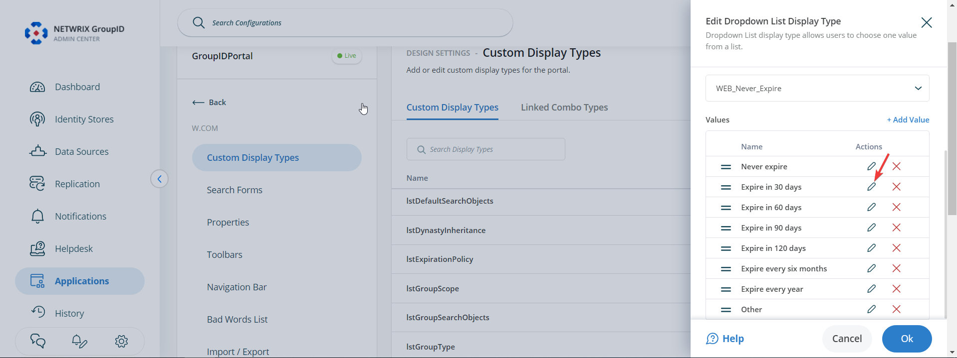Edit Dropdown List Display Type window in Directory Manager