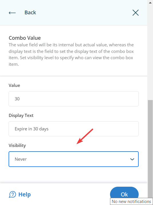 Combo Value dialog box for setting visibility in Directory Manager