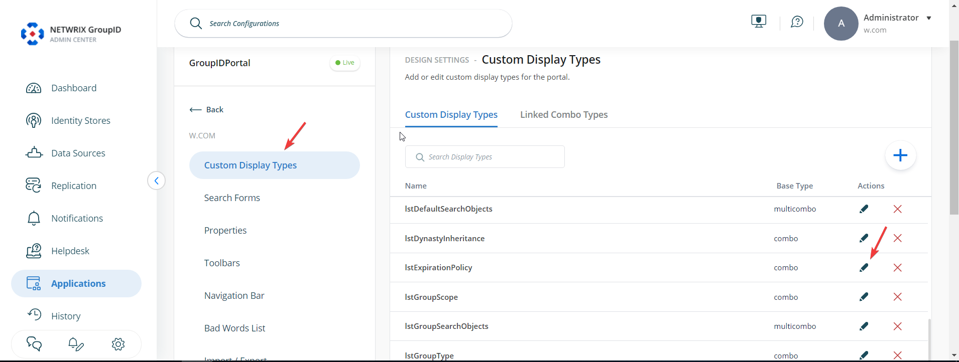 Custom Display Types tab with lstExpirationPolicy selected