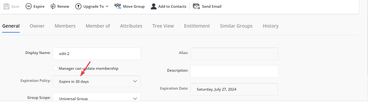 Expiration Policy drop-down list and Expiration Date field shown as read-only