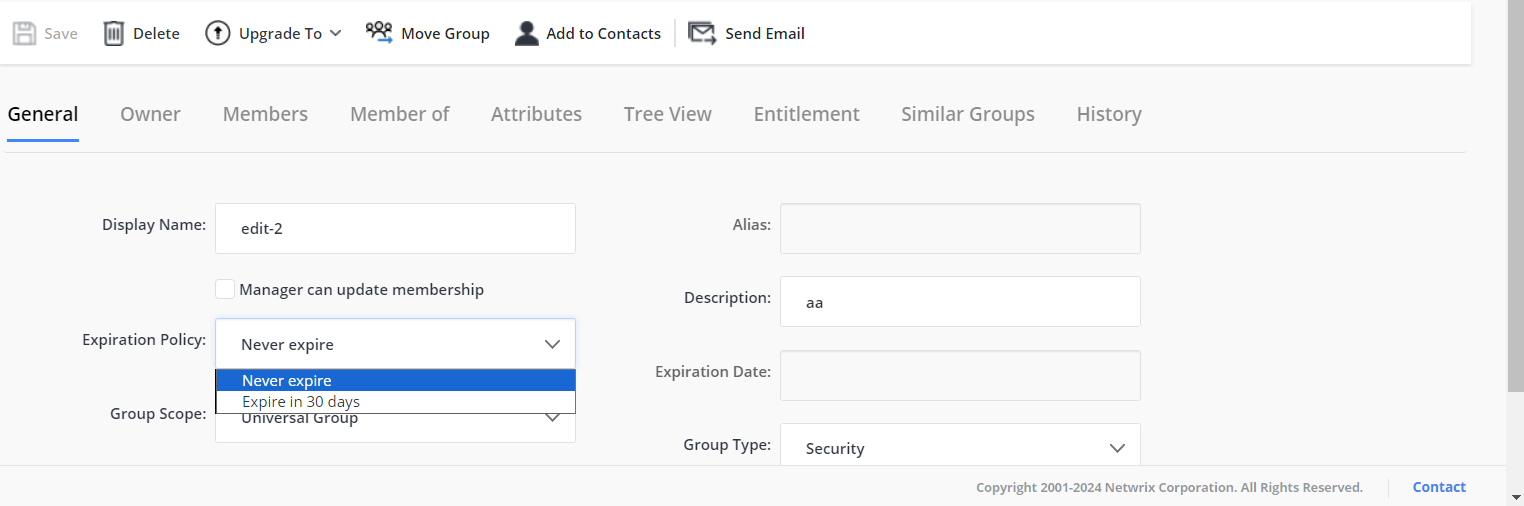 Expiration Policy drop-down list showing limited options