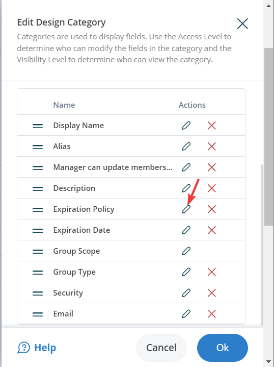 Edit Design Category dialog box with Expiration Policy field selected