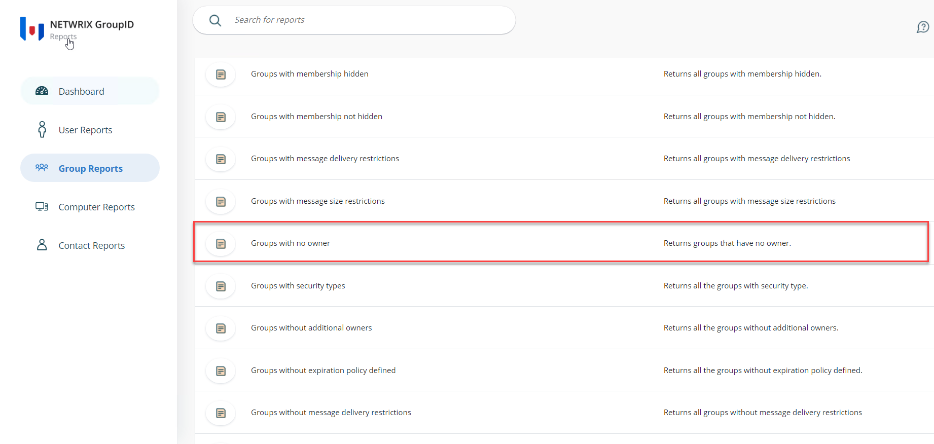 Groups with no owner report selected in Group Reports