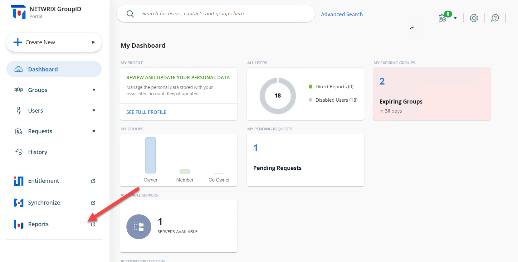 Directory Manager application portal with Reports tab highlighted on the dashboard