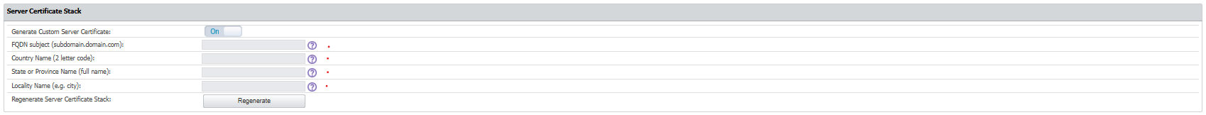 Server Certificate Stack configuration page with FQDN field highlighted