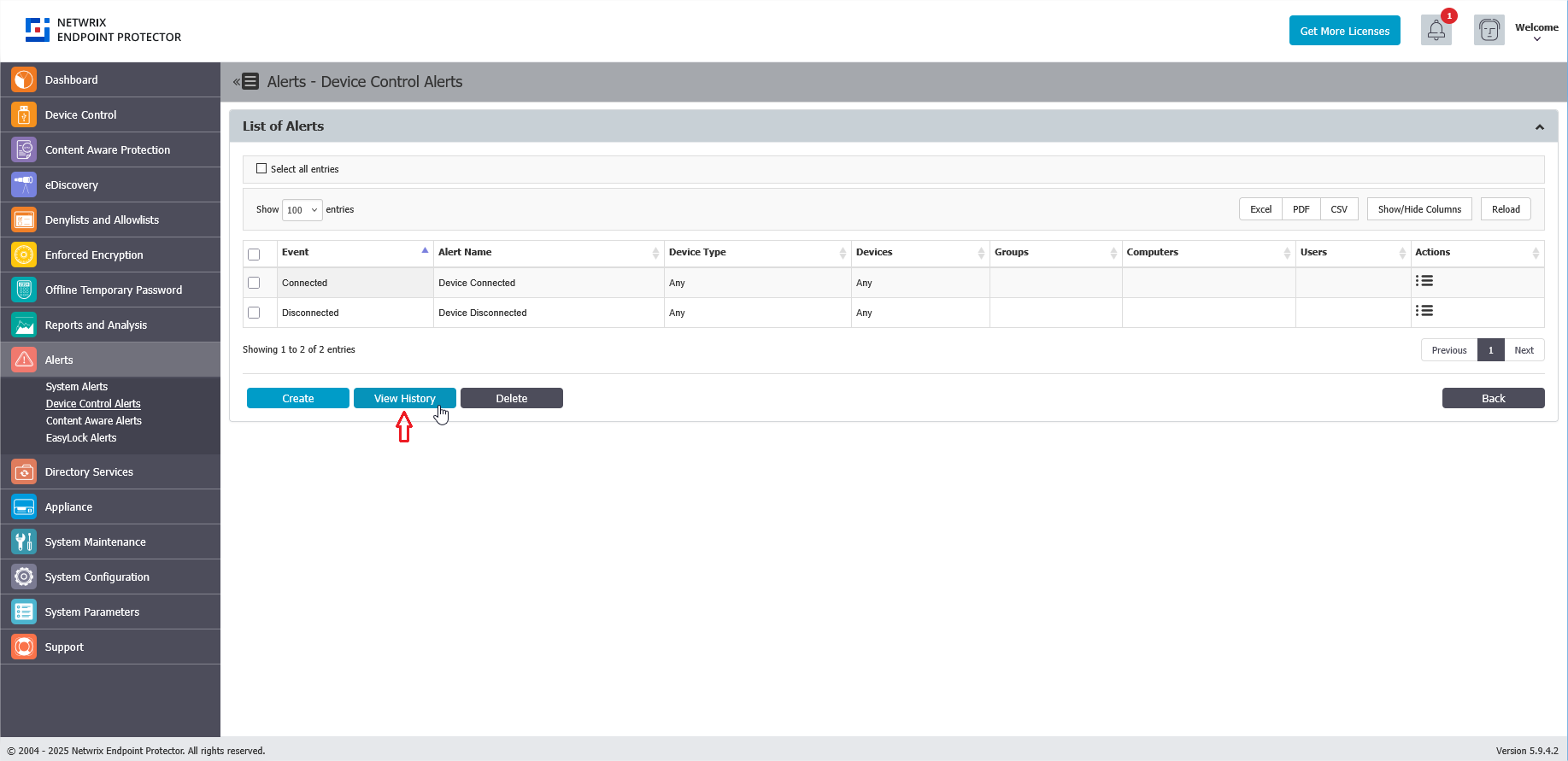 Alerts History page showing list of generated alerts