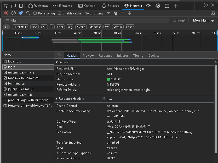 Screenshot showing browser developer tools with no server header information displayed
