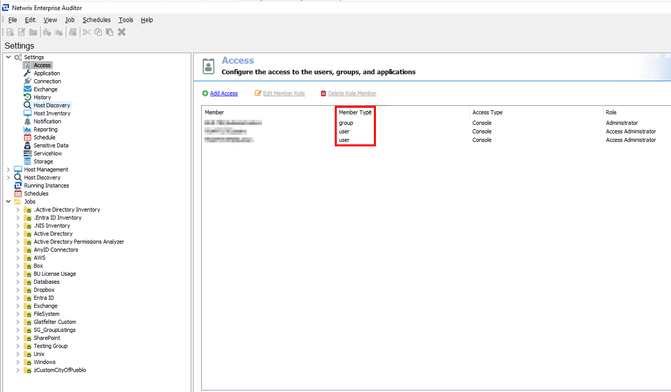 Screenshot showing the Member Type configuration in Netwrix Access Analyzer settings