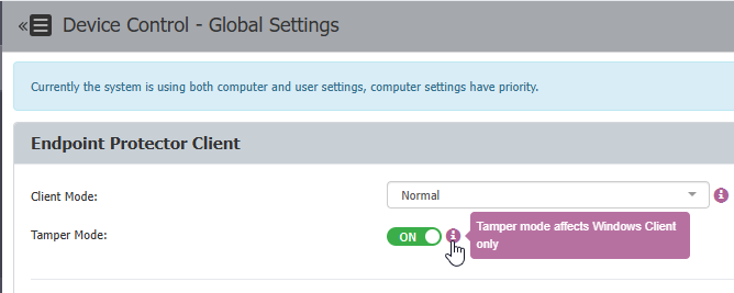Screenshot showing Tamper Mode settings in EPP client