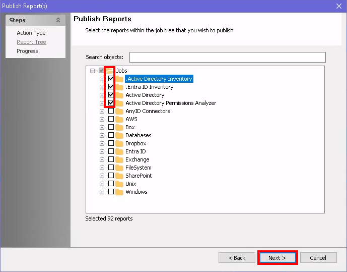 Selecting objects to publish