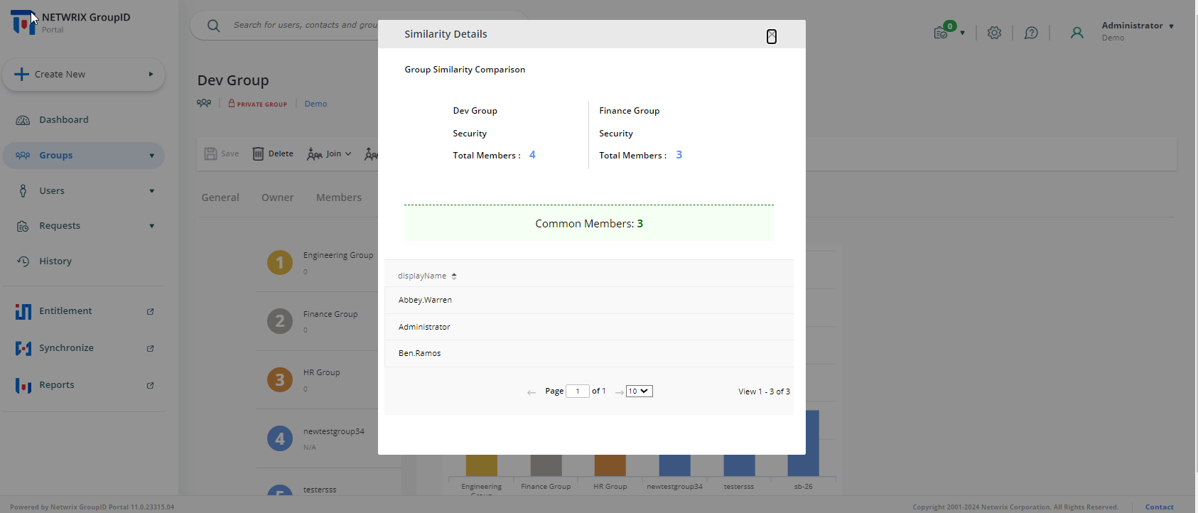 Similarity Details dialog box showing common type and members