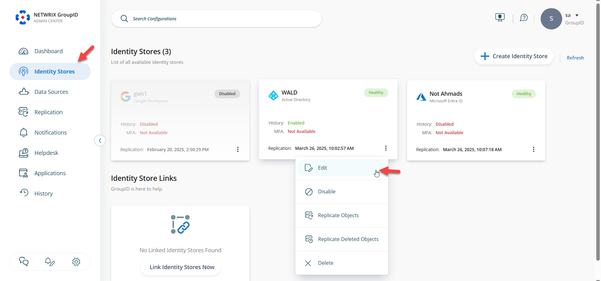 Options menu for Identity Store in Directory Manager 11