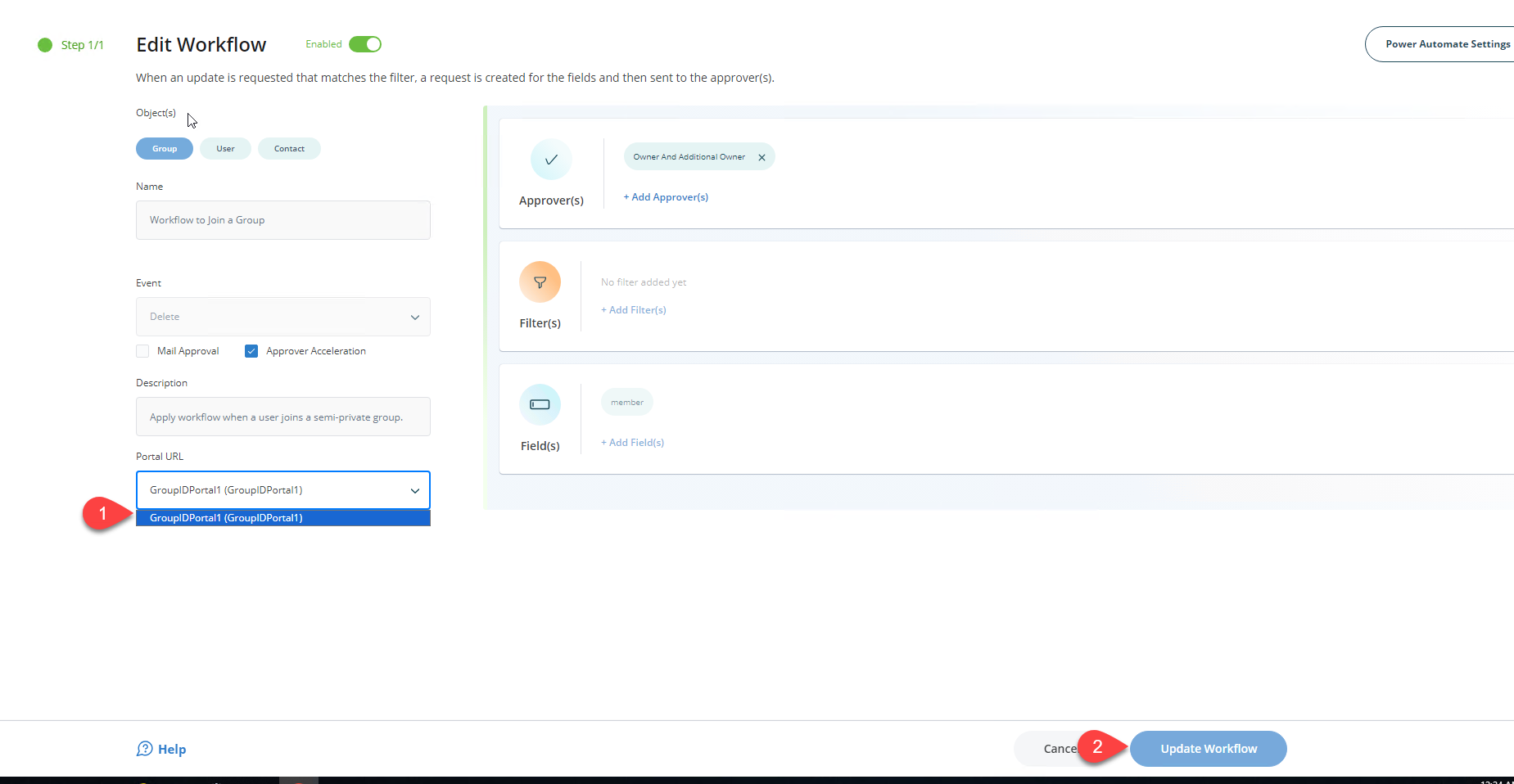 Selecting the Portal URL in Directory Manager 11