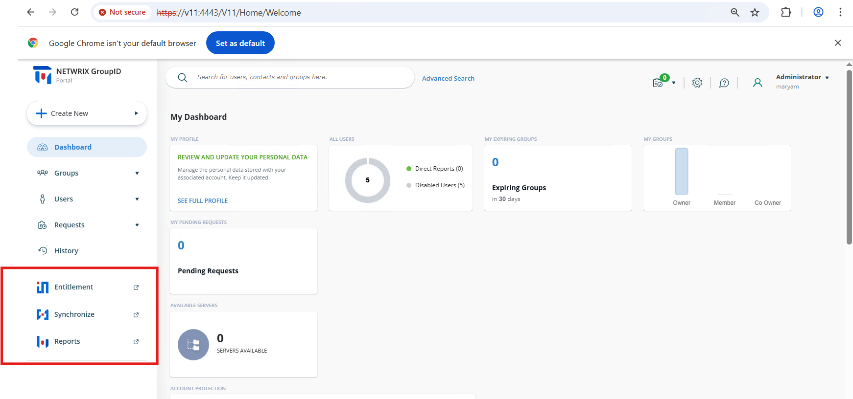 Navigation bar in Directory Manager User Portal showing Synchronize, Reports, and Entitlements tabs