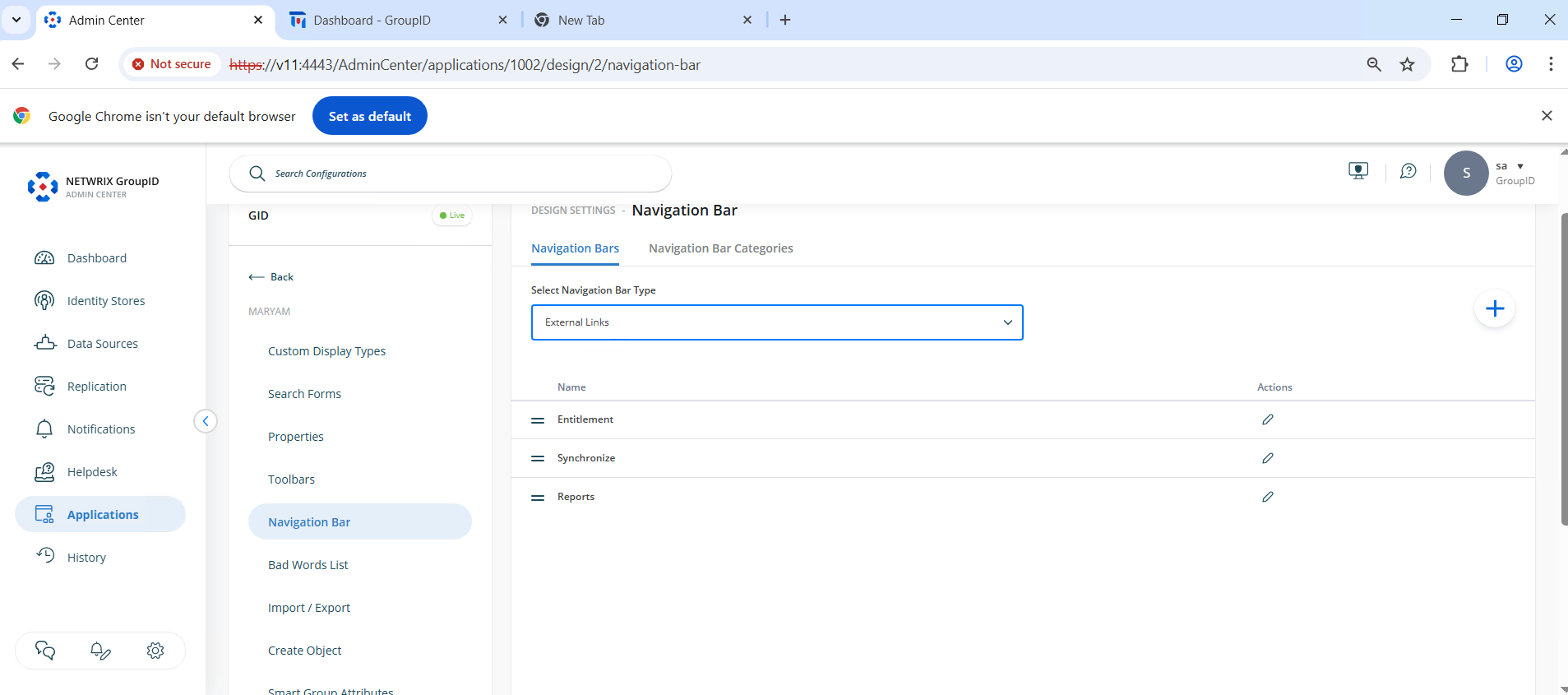 External Links dropdown in Navigation Bar settings