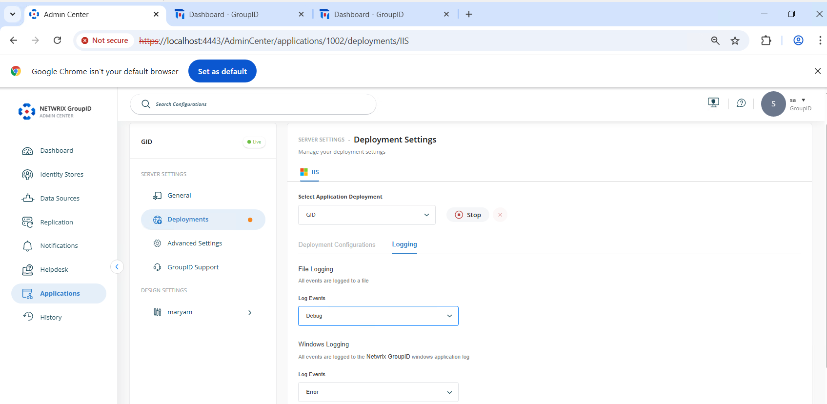 Logging settings in Netwrix Directory Manager application
