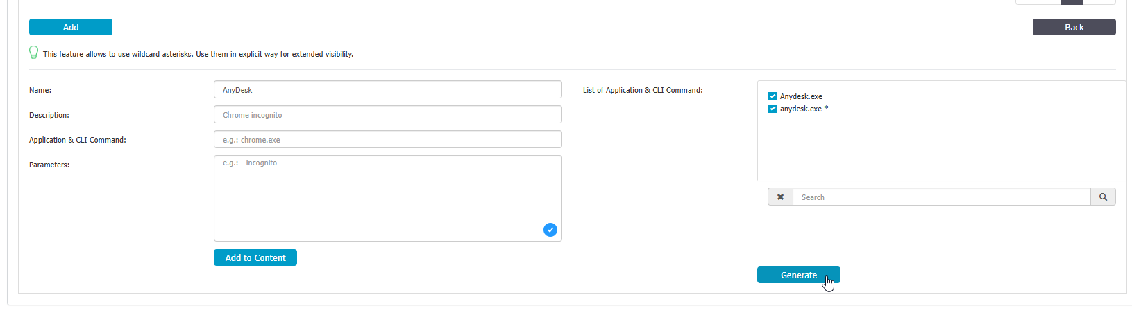 Screenshot showing how to add applications or CLI commands to the denylist