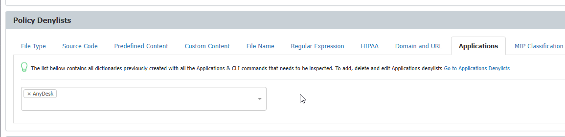 Screenshot showing how to include the denylist in a content aware policy and target client machines