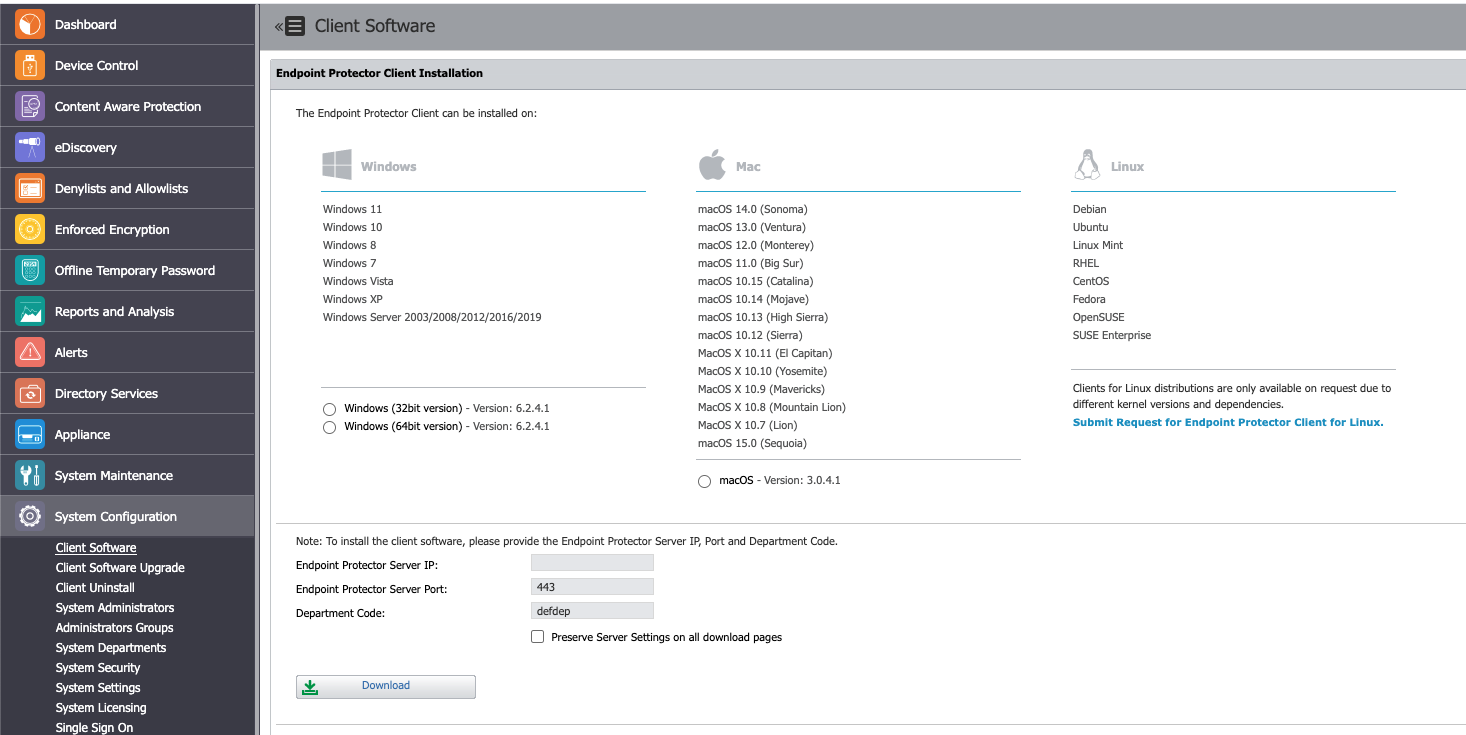 Client Software section in Endpoint Protector Management Console
