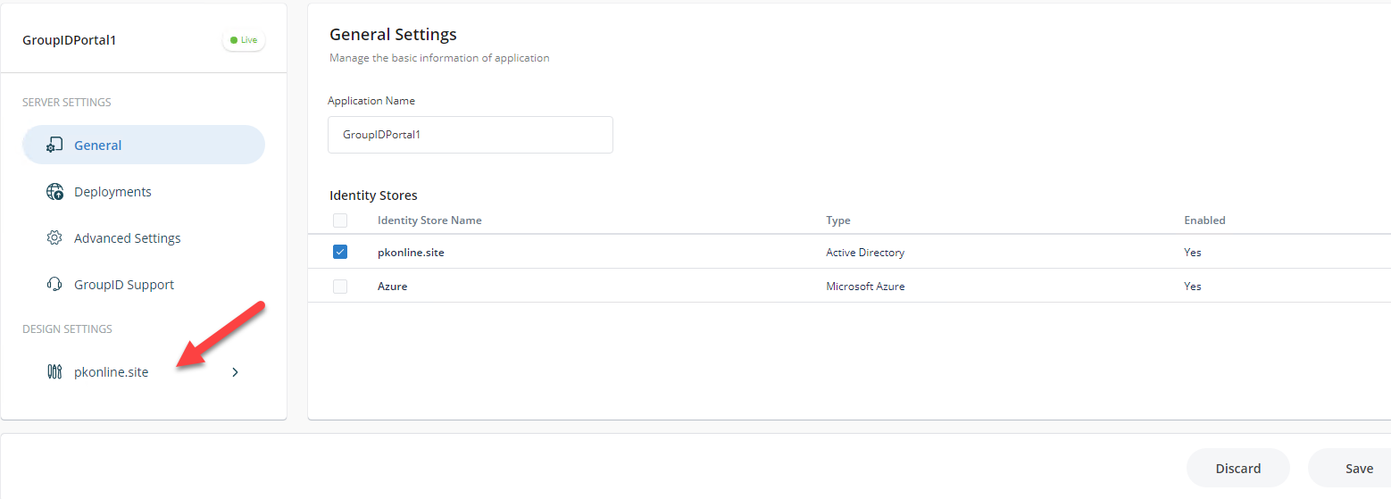 Identity store selection in Design Settings