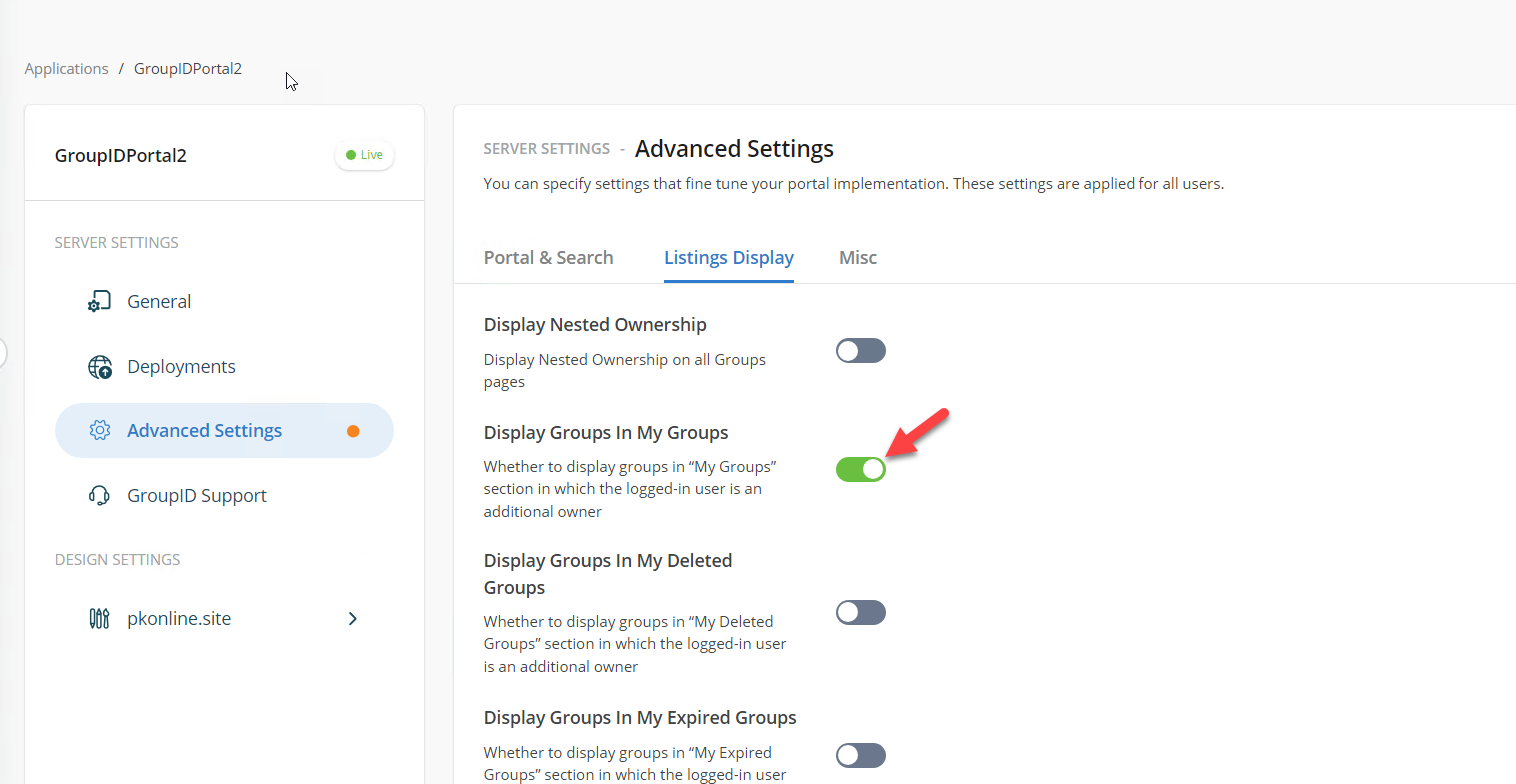 Toggle for Display Groups in My Groups setting
